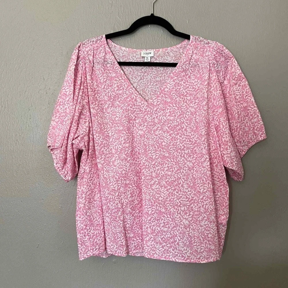 J Crew Size Large Pink & White Fabric Floral Puff sleeve Blouse Cotton